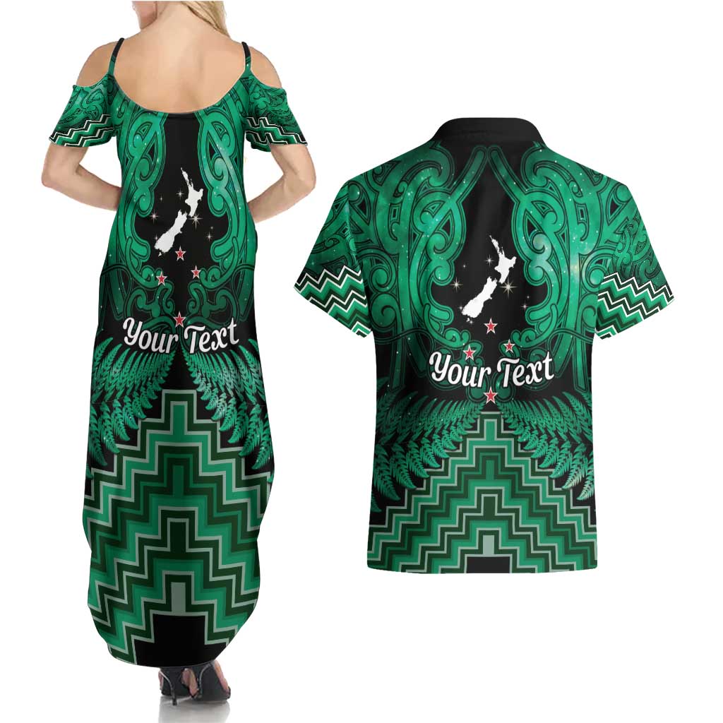 Personalised Aotearoa Matariki Couples Matching Summer Maxi Dress and Hawaiian Shirt Green Fern Maori Poutama LT01 - Polynesian Pride