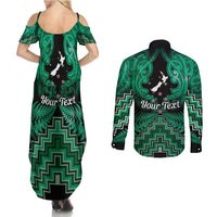 Personalised Aotearoa Matariki Couples Matching Summer Maxi Dress and Long Sleeve Button Shirt Green Fern Maori Poutama LT01 - Polynesian Pride