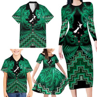 Personalised Aotearoa Matariki Family Matching Long Sleeve Bodycon Dress and Hawaiian Shirt Green Fern Maori Poutama LT01 - Polynesian Pride