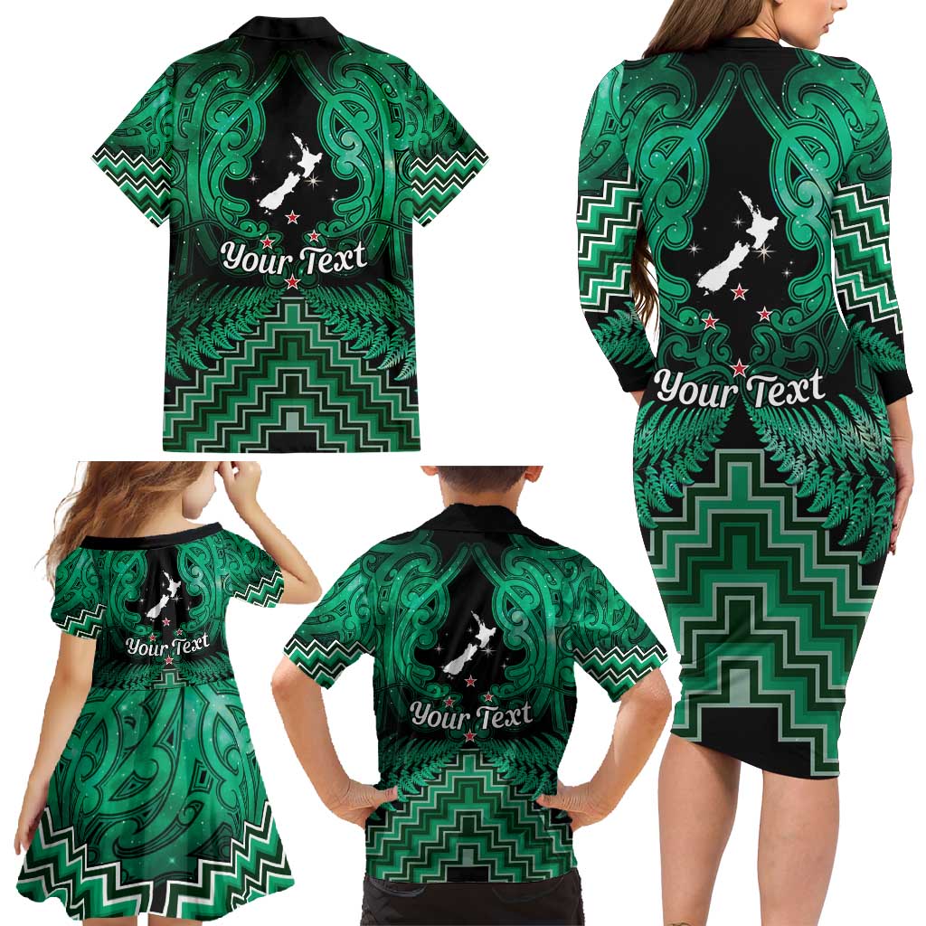 Personalised Aotearoa Matariki Family Matching Long Sleeve Bodycon Dress and Hawaiian Shirt Green Fern Maori Poutama LT01 - Polynesian Pride