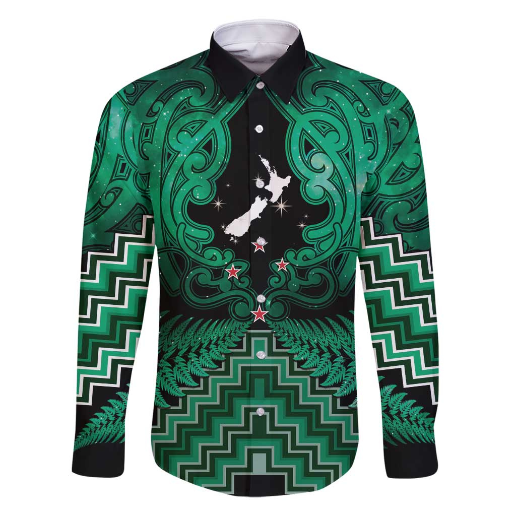 Personalised Aotearoa Matariki Family Matching Long Sleeve Bodycon Dress and Hawaiian Shirt Green Fern Maori Poutama LT01 Dad's Shirt - Long Sleeve Green - Polynesian Pride