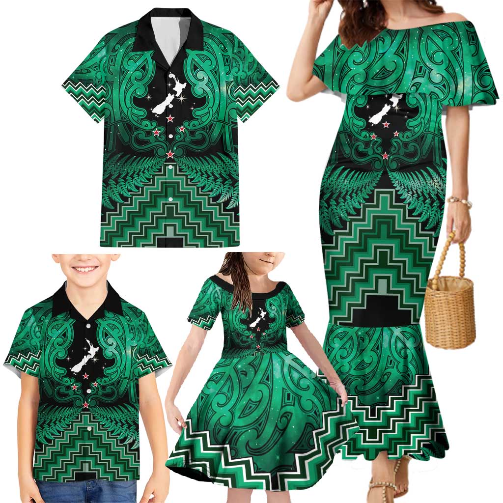 Personalised Aotearoa Matariki Family Matching Mermaid Dress and Hawaiian Shirt Green Fern Maori Poutama LT01 - Polynesian Pride