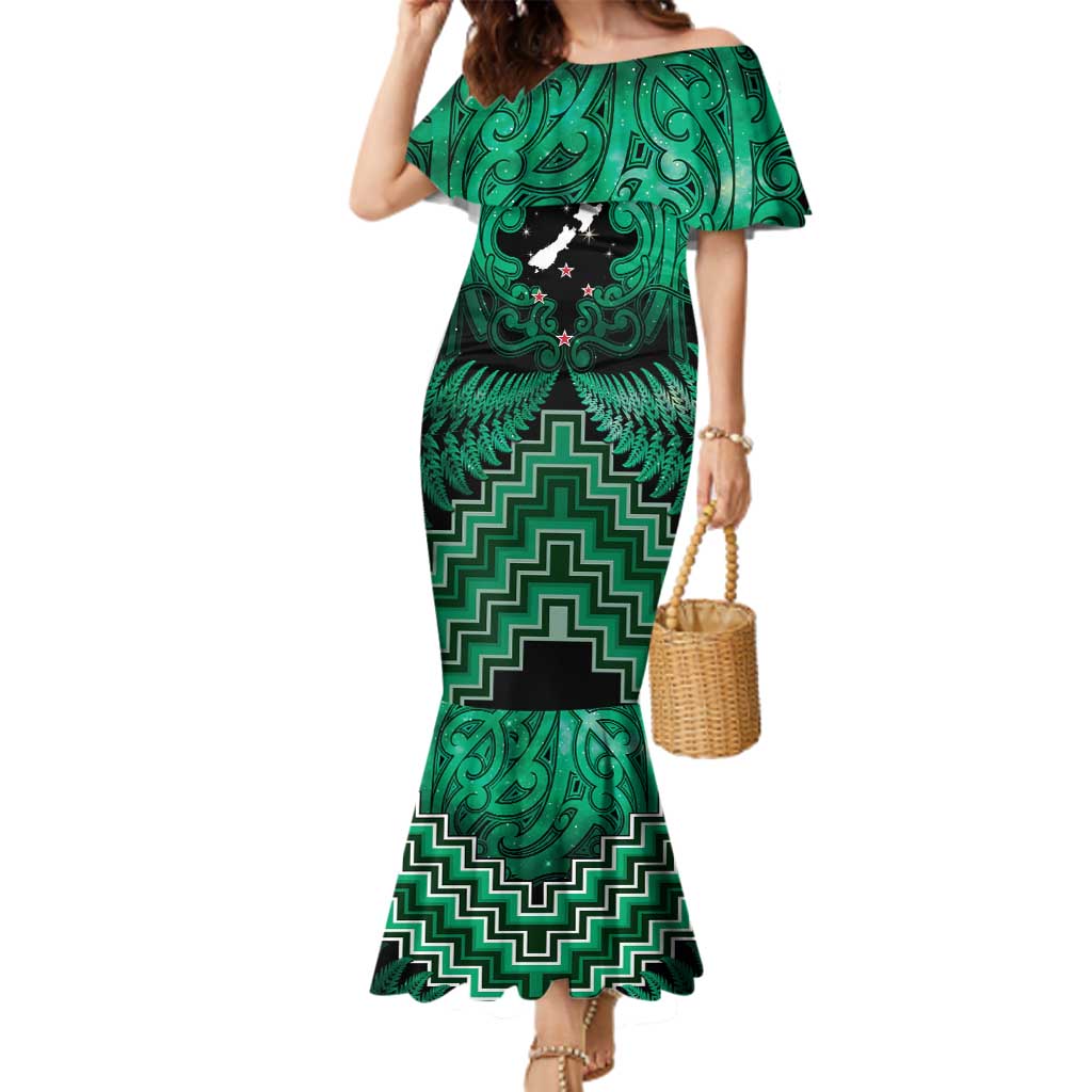 Personalised Aotearoa Matariki Family Matching Mermaid Dress and Hawaiian Shirt Green Fern Maori Poutama LT01 Mom's Dress Green - Polynesian Pride