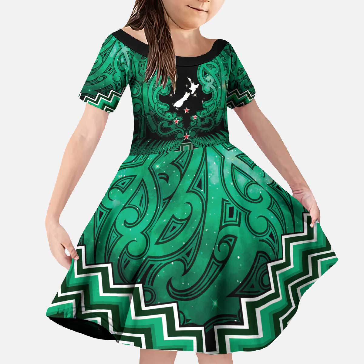 Personalised Aotearoa Matariki Family Matching Off The Shoulder Long Sleeve Dress and Hawaiian Shirt Green Fern Maori Poutama LT01 Daughter's Dress Green - Polynesian Pride