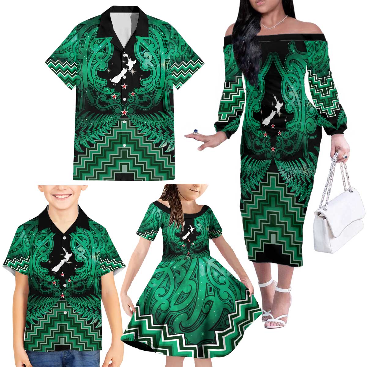 Personalised Aotearoa Matariki Family Matching Off The Shoulder Long Sleeve Dress and Hawaiian Shirt Green Fern Maori Poutama LT01 - Polynesian Pride