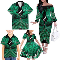 Personalised Aotearoa Matariki Family Matching Off The Shoulder Long Sleeve Dress and Hawaiian Shirt Green Fern Maori Poutama LT01 - Polynesian Pride