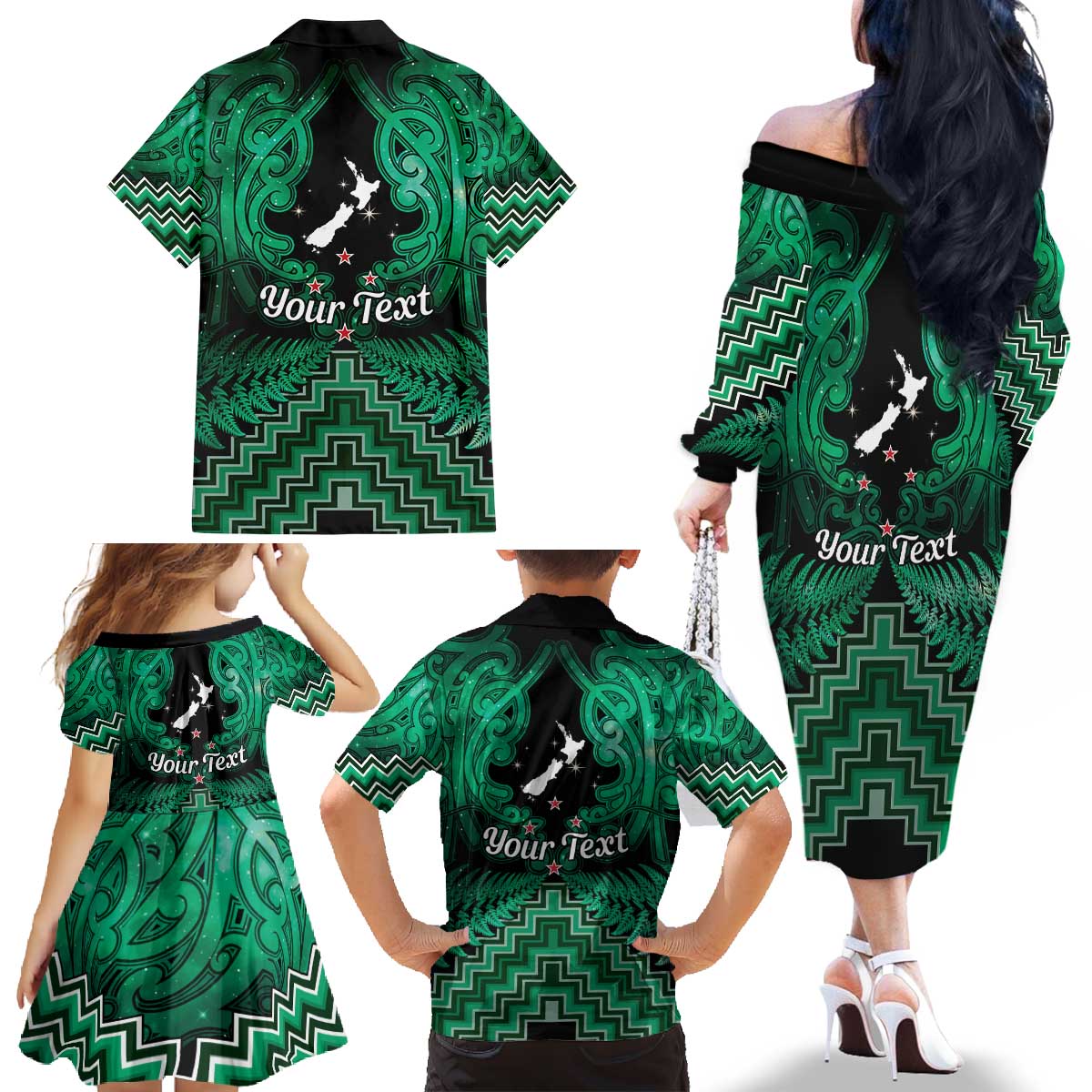 Personalised Aotearoa Matariki Family Matching Off The Shoulder Long Sleeve Dress and Hawaiian Shirt Green Fern Maori Poutama LT01 - Polynesian Pride