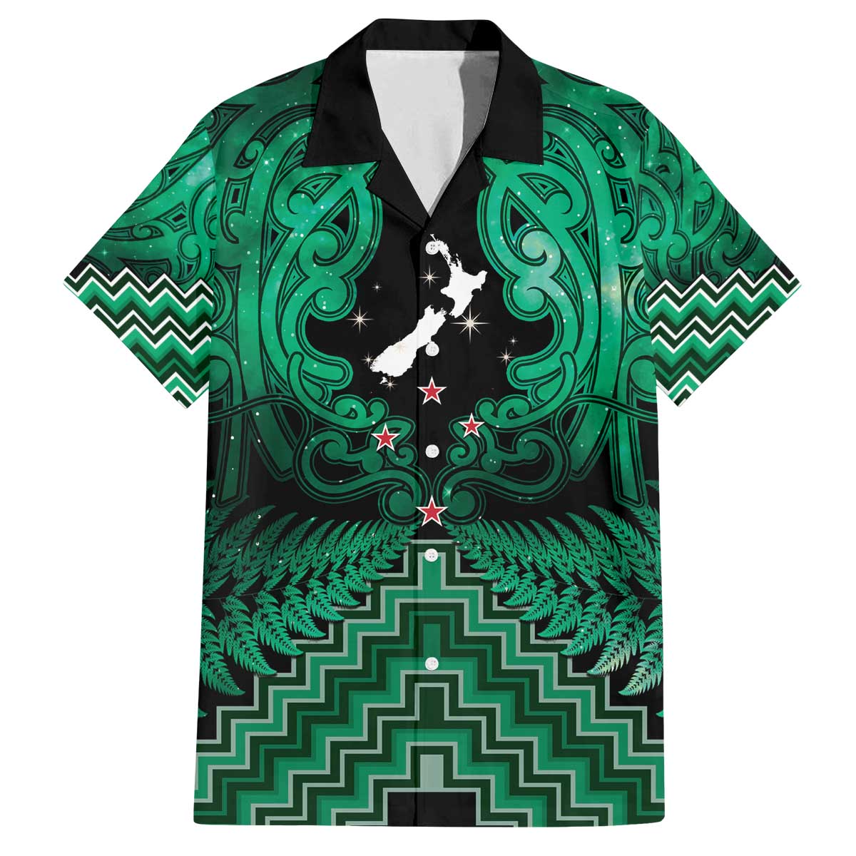 Personalised Aotearoa Matariki Family Matching Off The Shoulder Long Sleeve Dress and Hawaiian Shirt Green Fern Maori Poutama LT01 Dad's Shirt - Short Sleeve Green - Polynesian Pride