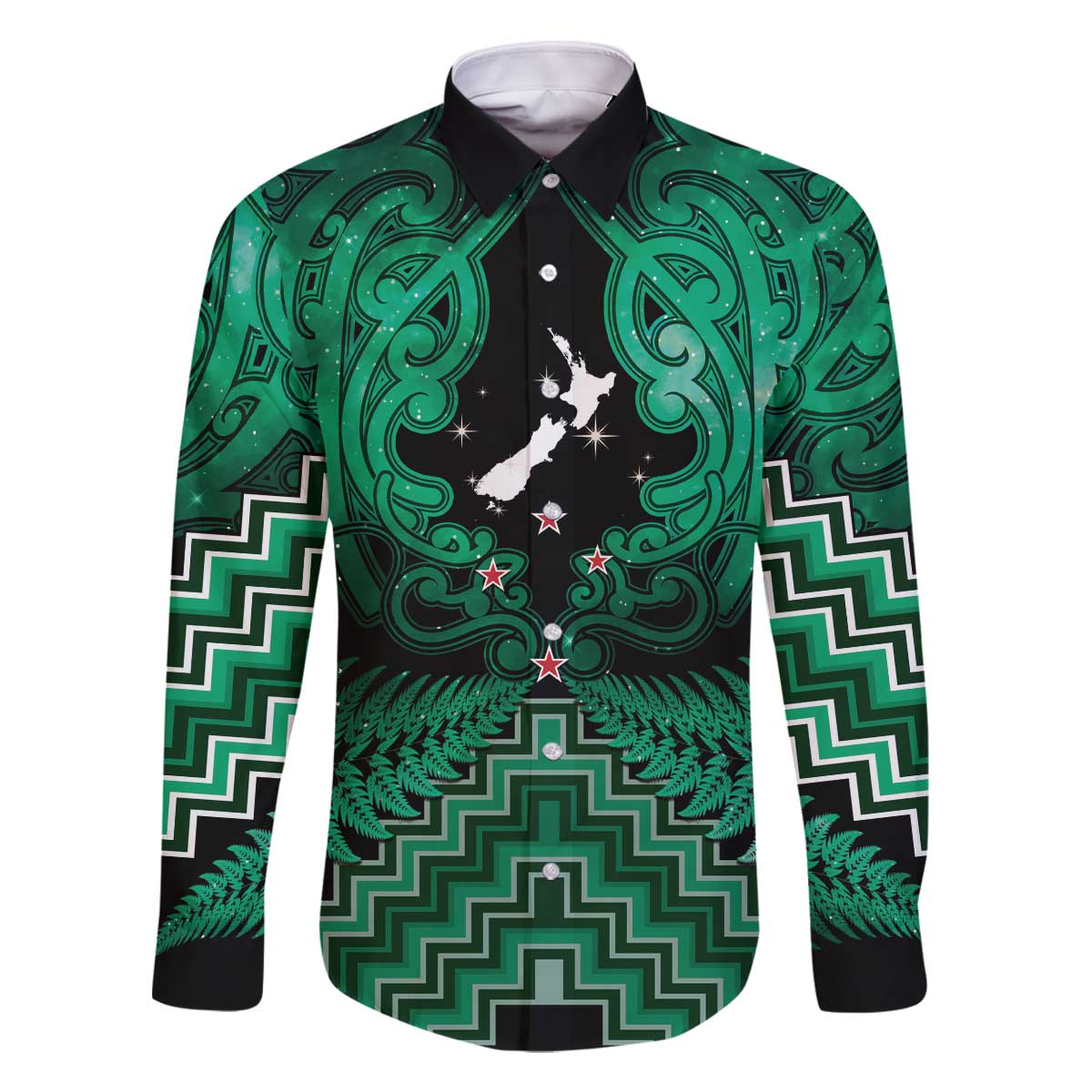 Personalised Aotearoa Matariki Family Matching Off The Shoulder Long Sleeve Dress and Hawaiian Shirt Green Fern Maori Poutama LT01 Dad's Shirt - Long Sleeve Green - Polynesian Pride