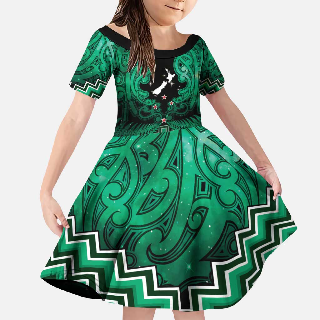 Personalised Aotearoa Matariki Family Matching Off Shoulder Maxi Dress and Hawaiian Shirt Green Fern Maori Poutama LT01 Daughter's Dress Green - Polynesian Pride