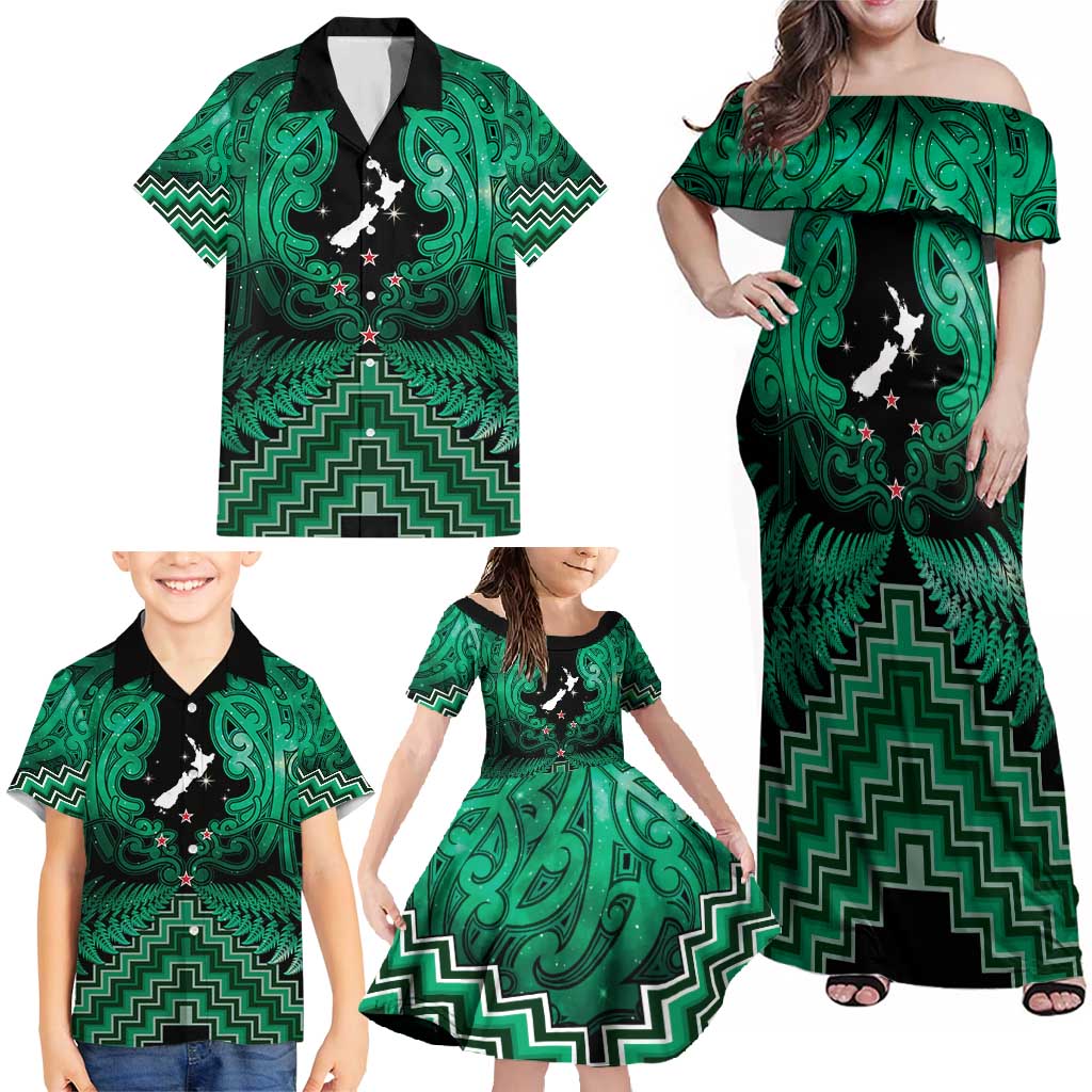 Personalised Aotearoa Matariki Family Matching Off Shoulder Maxi Dress and Hawaiian Shirt Green Fern Maori Poutama LT01 - Polynesian Pride