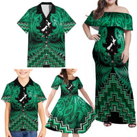 Personalised Aotearoa Matariki Family Matching Off Shoulder Maxi Dress and Hawaiian Shirt Green Fern Maori Poutama LT01 - Polynesian Pride