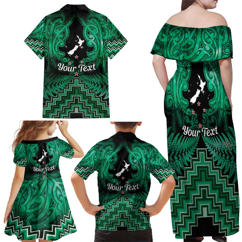 Personalised Aotearoa Matariki Family Matching Off Shoulder Maxi Dress and Hawaiian Shirt Green Fern Maori Poutama LT01 - Polynesian Pride