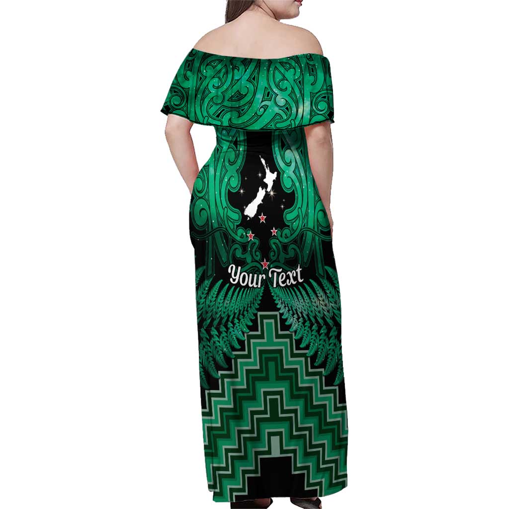 Personalised Aotearoa Matariki Family Matching Off Shoulder Maxi Dress and Hawaiian Shirt Green Fern Maori Poutama LT01 - Polynesian Pride