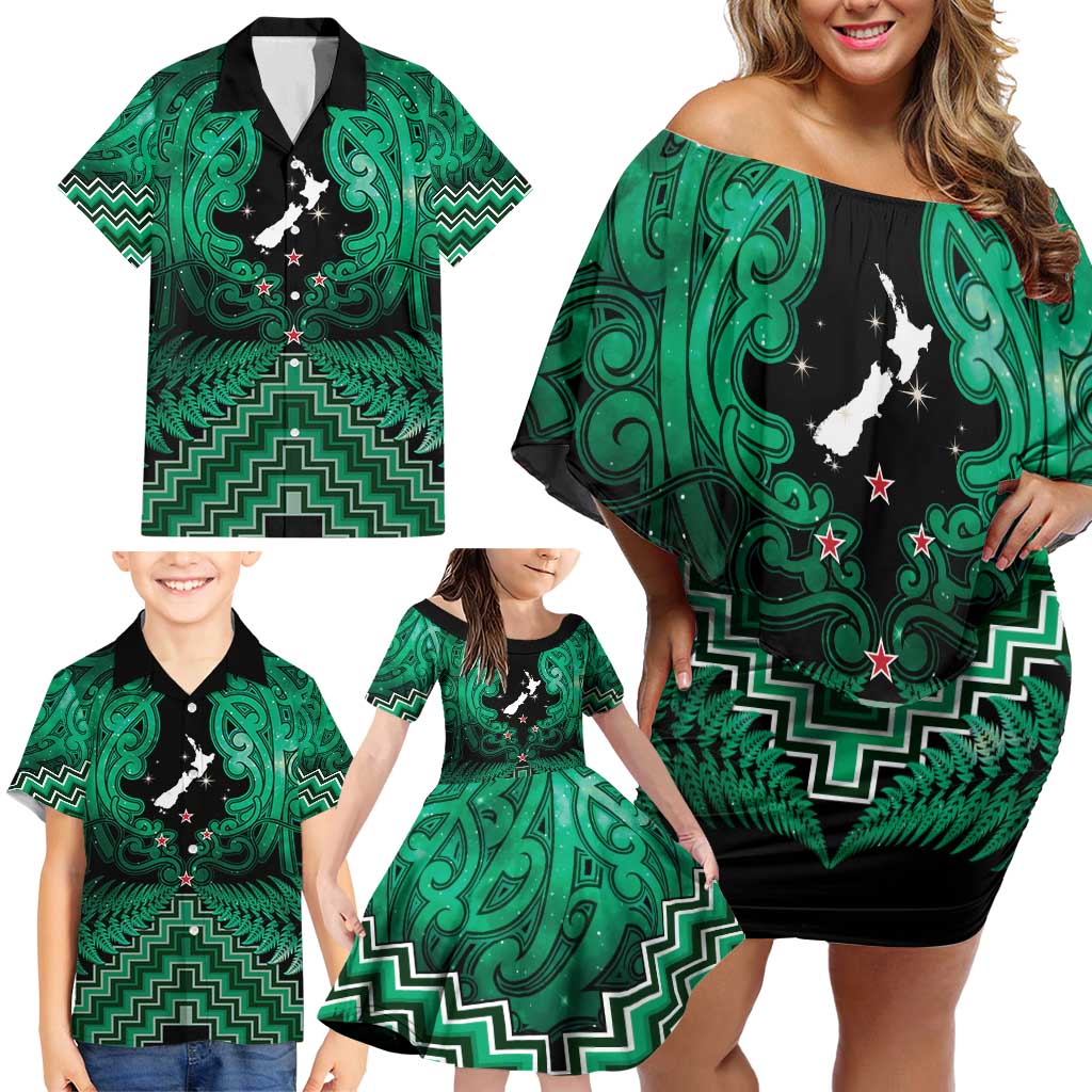 Personalised Aotearoa Matariki Family Matching Off Shoulder Short Dress and Hawaiian Shirt Green Fern Maori Poutama LT01 - Polynesian Pride