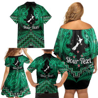 Personalised Aotearoa Matariki Family Matching Off Shoulder Short Dress and Hawaiian Shirt Green Fern Maori Poutama LT01 - Polynesian Pride