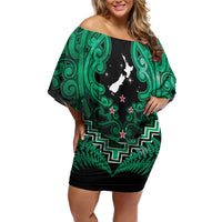 Personalised Aotearoa Matariki Family Matching Off Shoulder Short Dress and Hawaiian Shirt Green Fern Maori Poutama LT01 Mom's Dress Green - Polynesian Pride