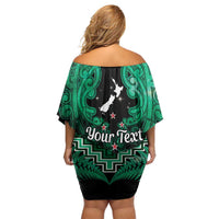 Personalised Aotearoa Matariki Family Matching Off Shoulder Short Dress and Hawaiian Shirt Green Fern Maori Poutama LT01 - Polynesian Pride