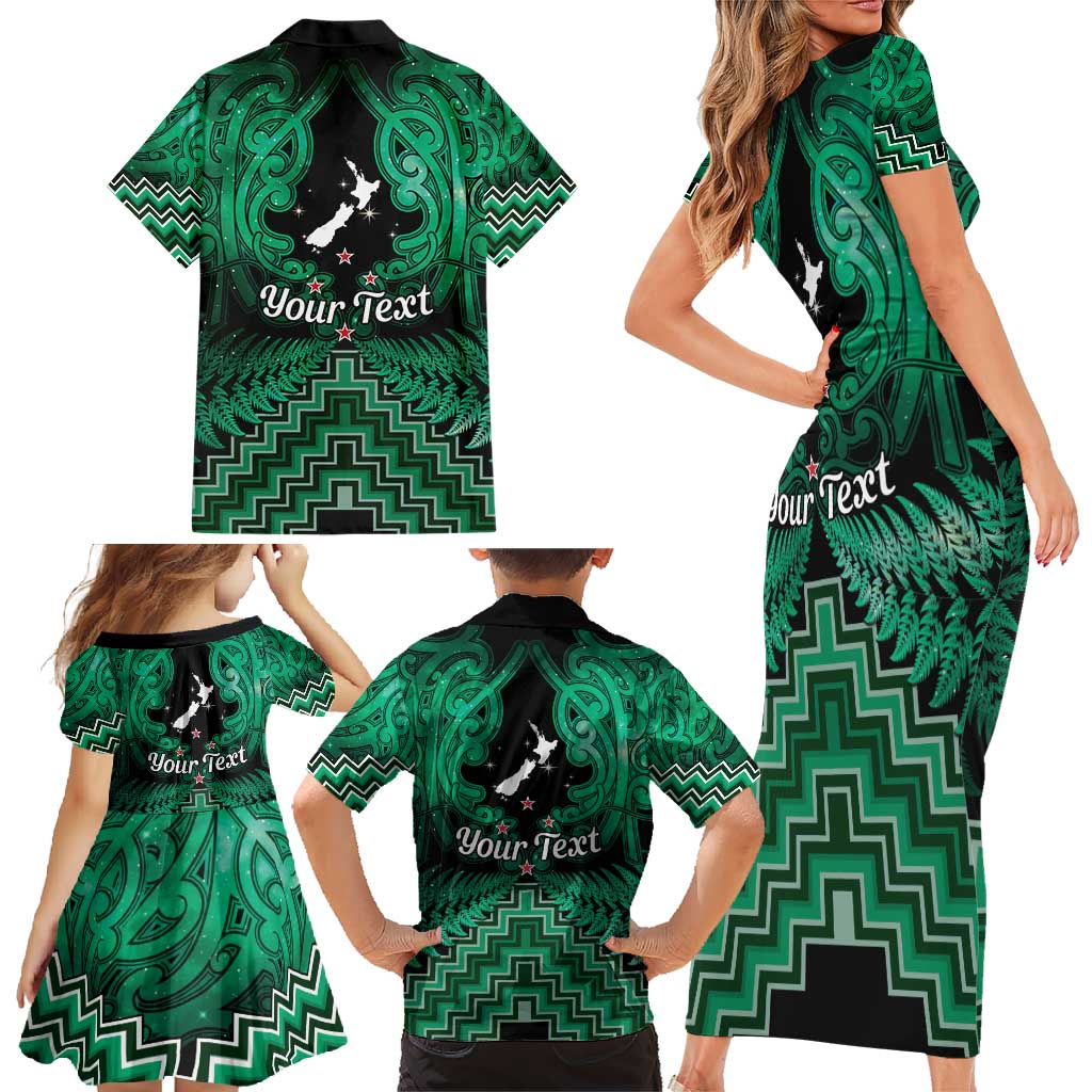 Personalised Aotearoa Matariki Family Matching Short Sleeve Bodycon Dress and Hawaiian Shirt Green Fern Maori Poutama LT01 - Polynesian Pride