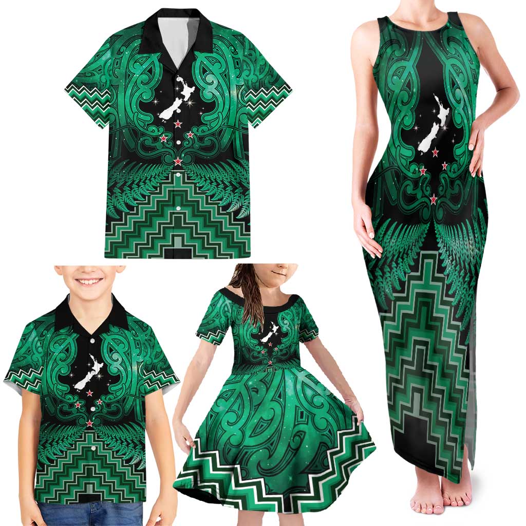 Personalised Aotearoa Matariki Family Matching Tank Maxi Dress and Hawaiian Shirt Green Fern Maori Poutama LT01 - Polynesian Pride