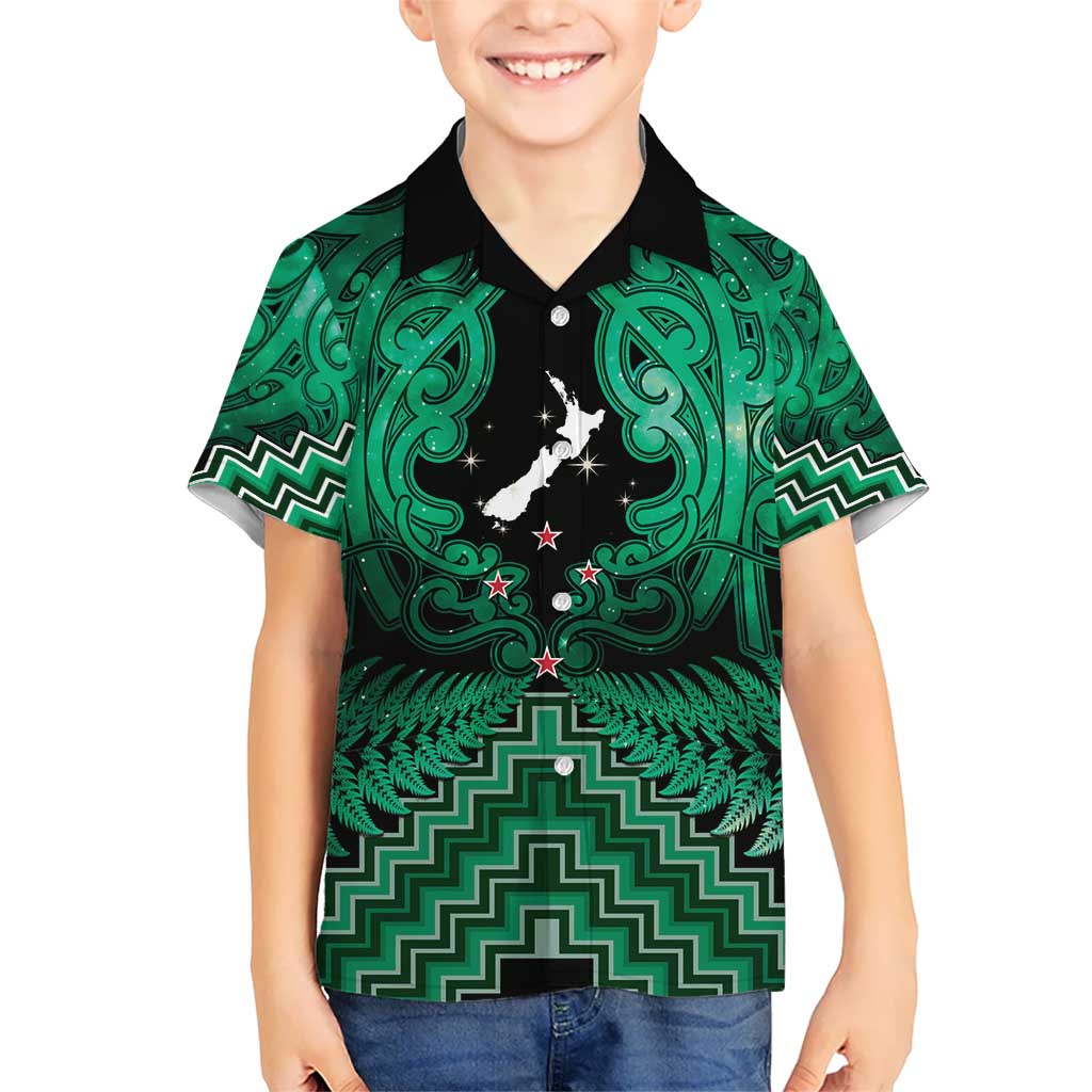 Personalised Aotearoa Matariki Kid Hawaiian Shirt Green Fern Maori Poutama
