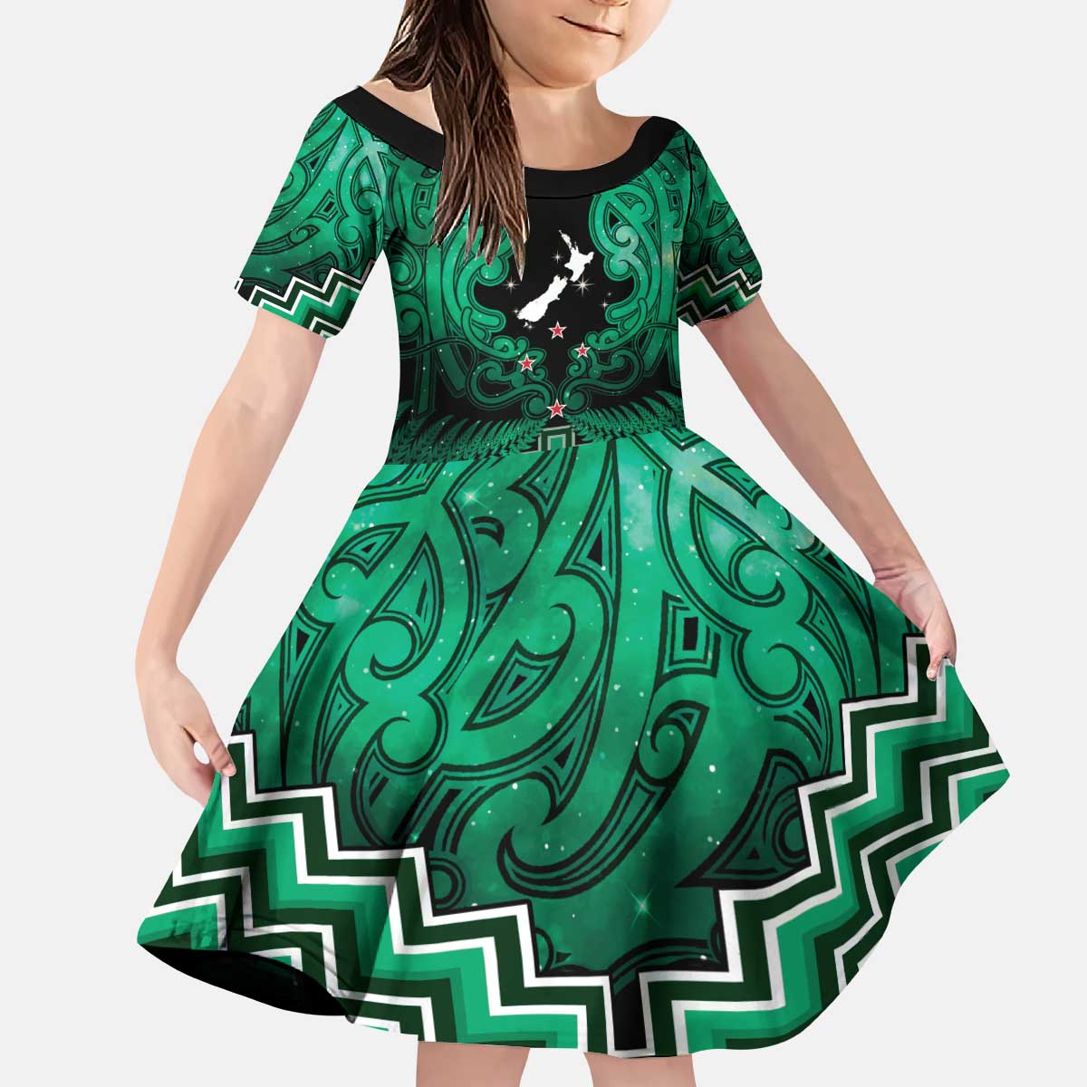 Personalised Aotearoa Matariki Kid Short Sleeve Dress Green Fern Maori Poutama LT01 KID Green - Polynesian Pride