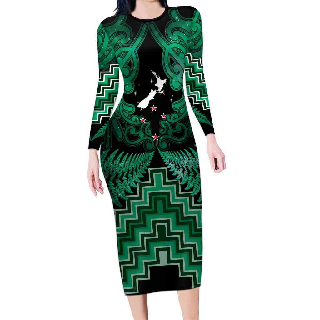 Personalised Aotearoa Matariki Long Sleeve Bodycon Dress Green Fern Maori Poutama LT01 Long Dress Green - Polynesian Pride