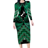 Personalised Aotearoa Matariki Long Sleeve Bodycon Dress Green Fern Maori Poutama LT01 Long Dress Green - Polynesian Pride