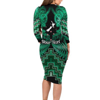 Personalised Aotearoa Matariki Long Sleeve Bodycon Dress Green Fern Maori Poutama LT01 - Polynesian Pride