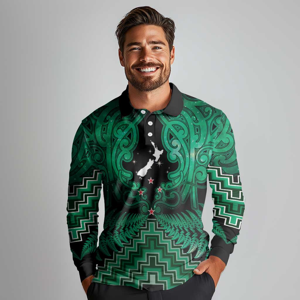 Personalised Aotearoa Matariki Long Sleeve Polo Shirt Green Fern Maori Poutama LT01 - Polynesian Pride