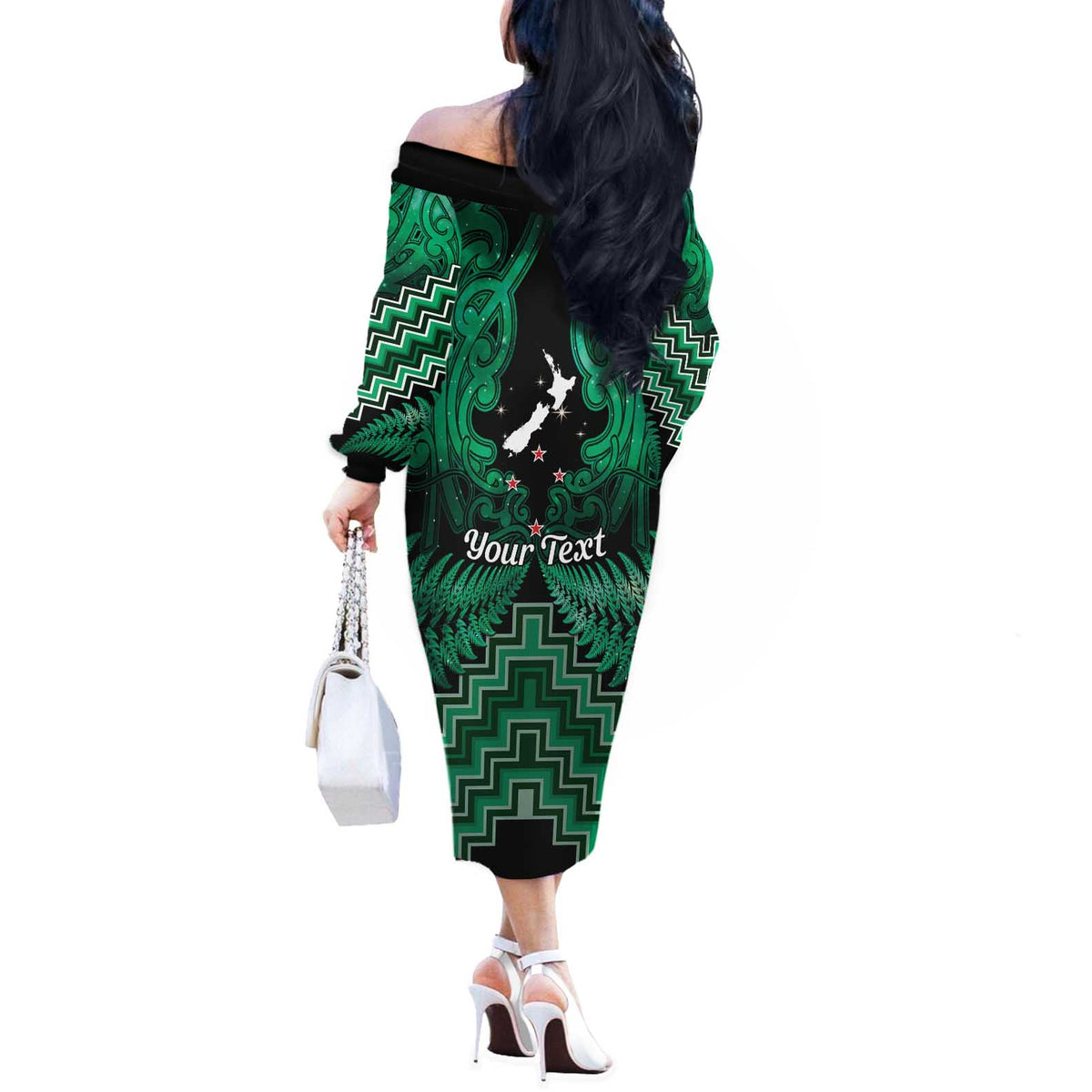 Personalised Aotearoa Matariki Off The Shoulder Long Sleeve Dress Green Fern Maori Poutama LT01 - Polynesian Pride