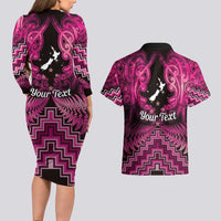 Personalised Aotearoa Matariki Couples Matching Long Sleeve Bodycon Dress and Hawaiian Shirt Pink Fern Maori Poutama LT01 - Polynesian Pride