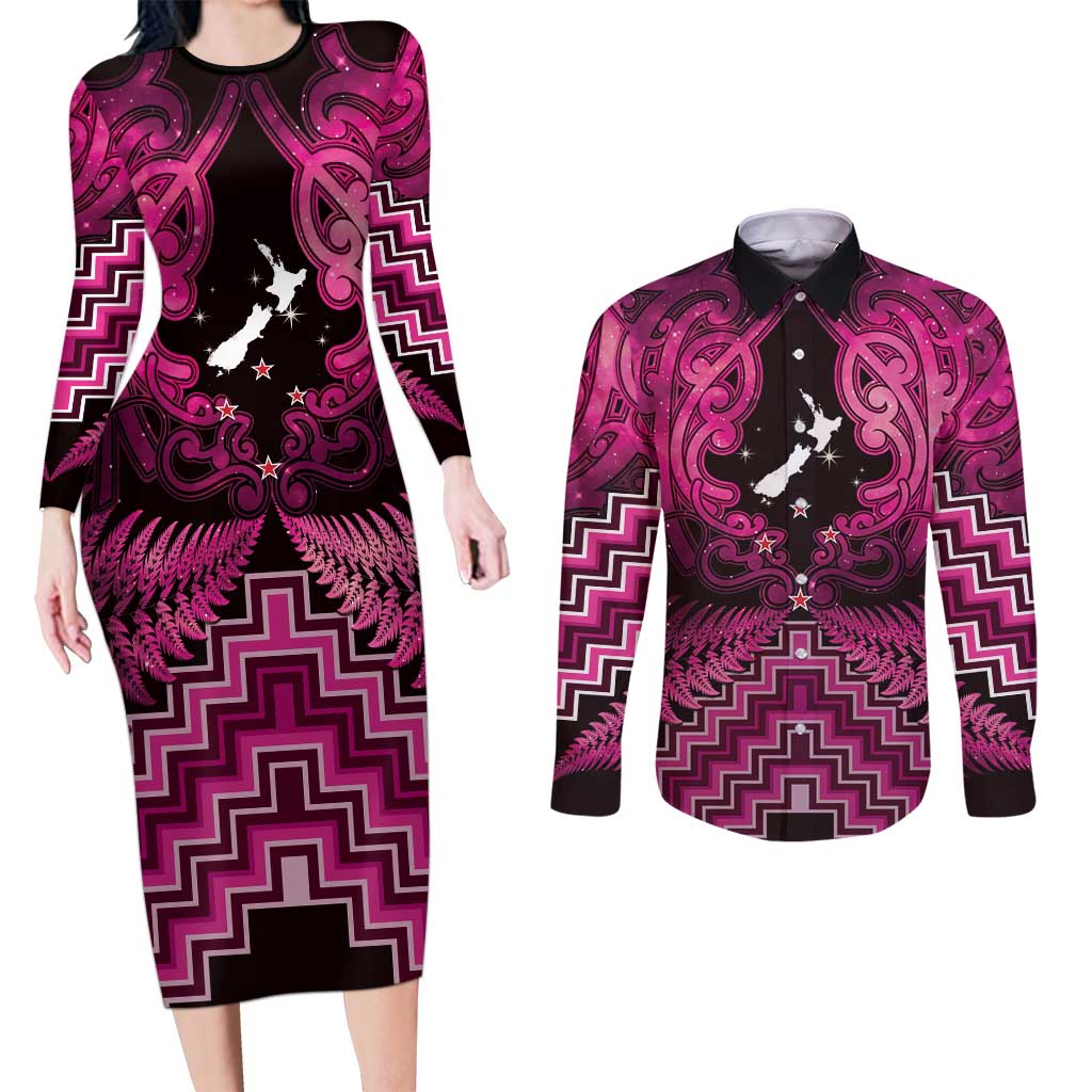 Personalised Aotearoa Matariki Couples Matching Long Sleeve Bodycon Dress and Long Sleeve Button Shirt Pink Fern Maori Poutama LT01 Pink - Polynesian Pride