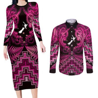 Personalised Aotearoa Matariki Couples Matching Long Sleeve Bodycon Dress and Long Sleeve Button Shirt Pink Fern Maori Poutama LT01 Pink - Polynesian Pride