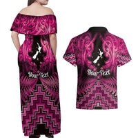 Personalised Aotearoa Matariki Couples Matching Off Shoulder Maxi Dress and Hawaiian Shirt Pink Fern Maori Poutama LT01 - Polynesian Pride