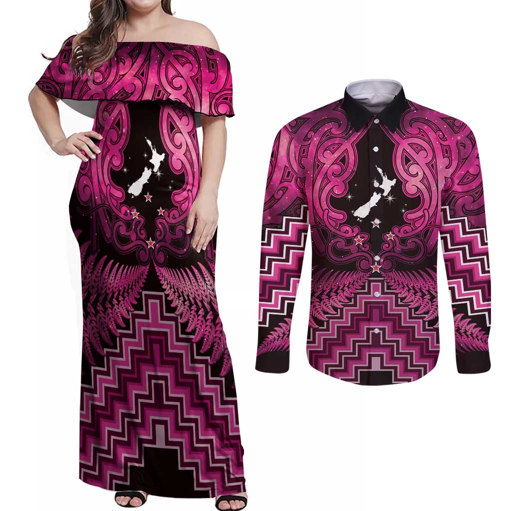 Personalised Aotearoa Matariki Couples Matching Off Shoulder Maxi Dress and Long Sleeve Button Shirt Pink Fern Maori Poutama LT01 Pink - Polynesian Pride