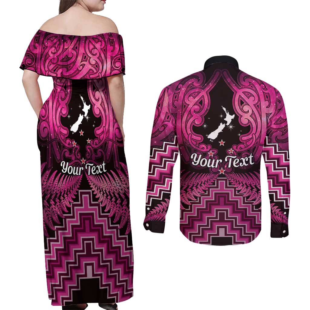 Personalised Aotearoa Matariki Couples Matching Off Shoulder Maxi Dress and Long Sleeve Button Shirt Pink Fern Maori Poutama LT01 - Polynesian Pride