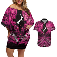 Personalised Aotearoa Matariki Couples Matching Off Shoulder Short Dress and Hawaiian Shirt Pink Fern Maori Poutama LT01 Pink - Polynesian Pride