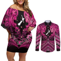 Personalised Aotearoa Matariki Couples Matching Off Shoulder Short Dress and Long Sleeve Button Shirt Pink Fern Maori Poutama LT01 Pink - Polynesian Pride