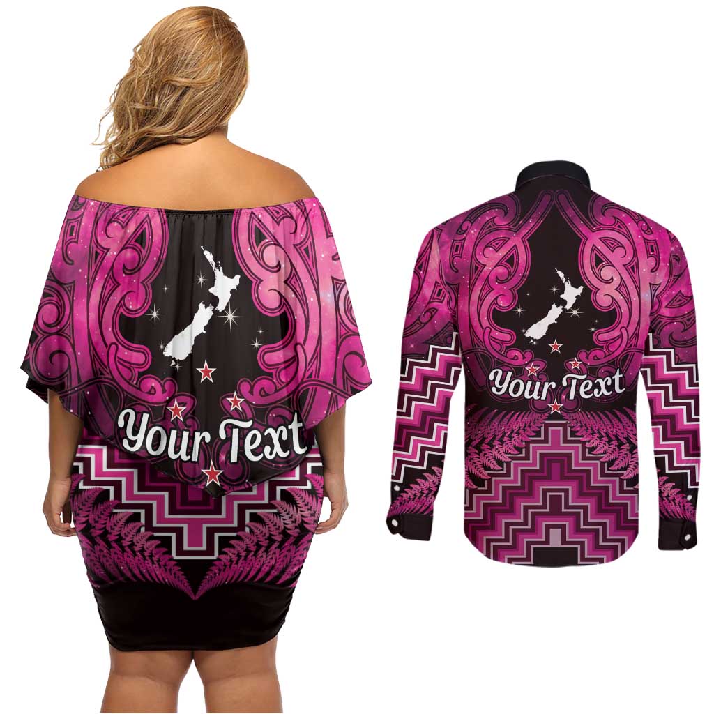 Personalised Aotearoa Matariki Couples Matching Off Shoulder Short Dress and Long Sleeve Button Shirt Pink Fern Maori Poutama LT01 - Polynesian Pride