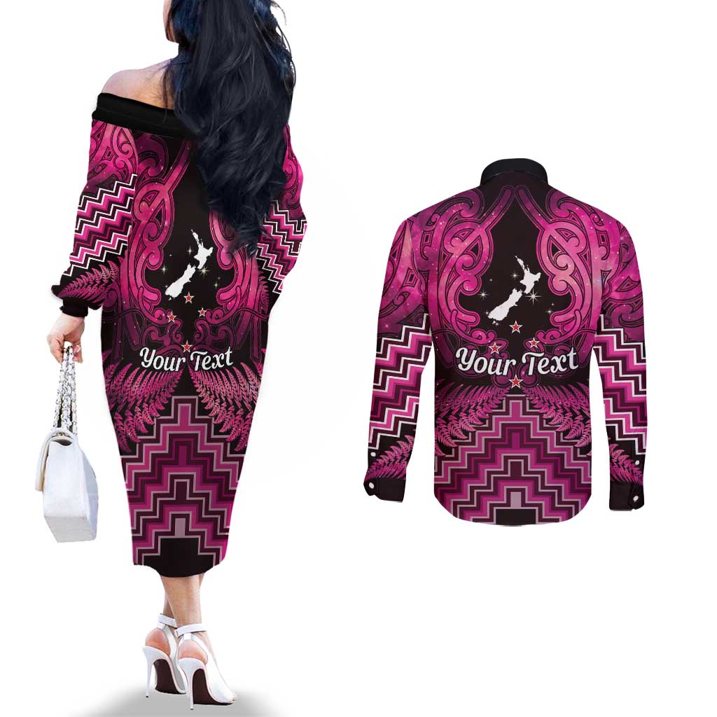 Personalised Aotearoa Matariki Couples Matching Off The Shoulder Long Sleeve Dress and Long Sleeve Button Shirt Pink Fern Maori Poutama LT01 - Polynesian Pride