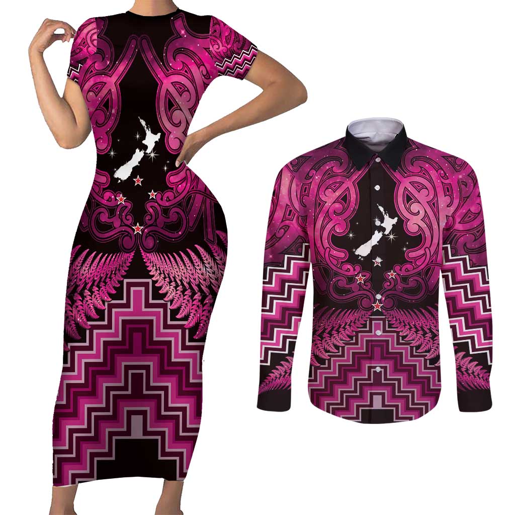 Personalised Aotearoa Matariki Couples Matching Short Sleeve Bodycon Dress and Long Sleeve Button Shirt Pink Fern Maori Poutama LT01 Pink - Polynesian Pride