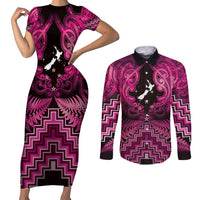 Personalised Aotearoa Matariki Couples Matching Short Sleeve Bodycon Dress and Long Sleeve Button Shirt Pink Fern Maori Poutama LT01 Pink - Polynesian Pride