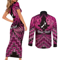 Personalised Aotearoa Matariki Couples Matching Short Sleeve Bodycon Dress and Long Sleeve Button Shirt Pink Fern Maori Poutama LT01 - Polynesian Pride