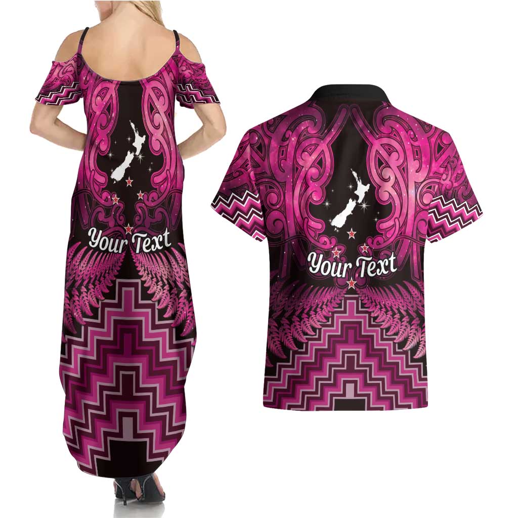 Personalised Aotearoa Matariki Couples Matching Summer Maxi Dress and Hawaiian Shirt Pink Fern Maori Poutama LT01 - Polynesian Pride