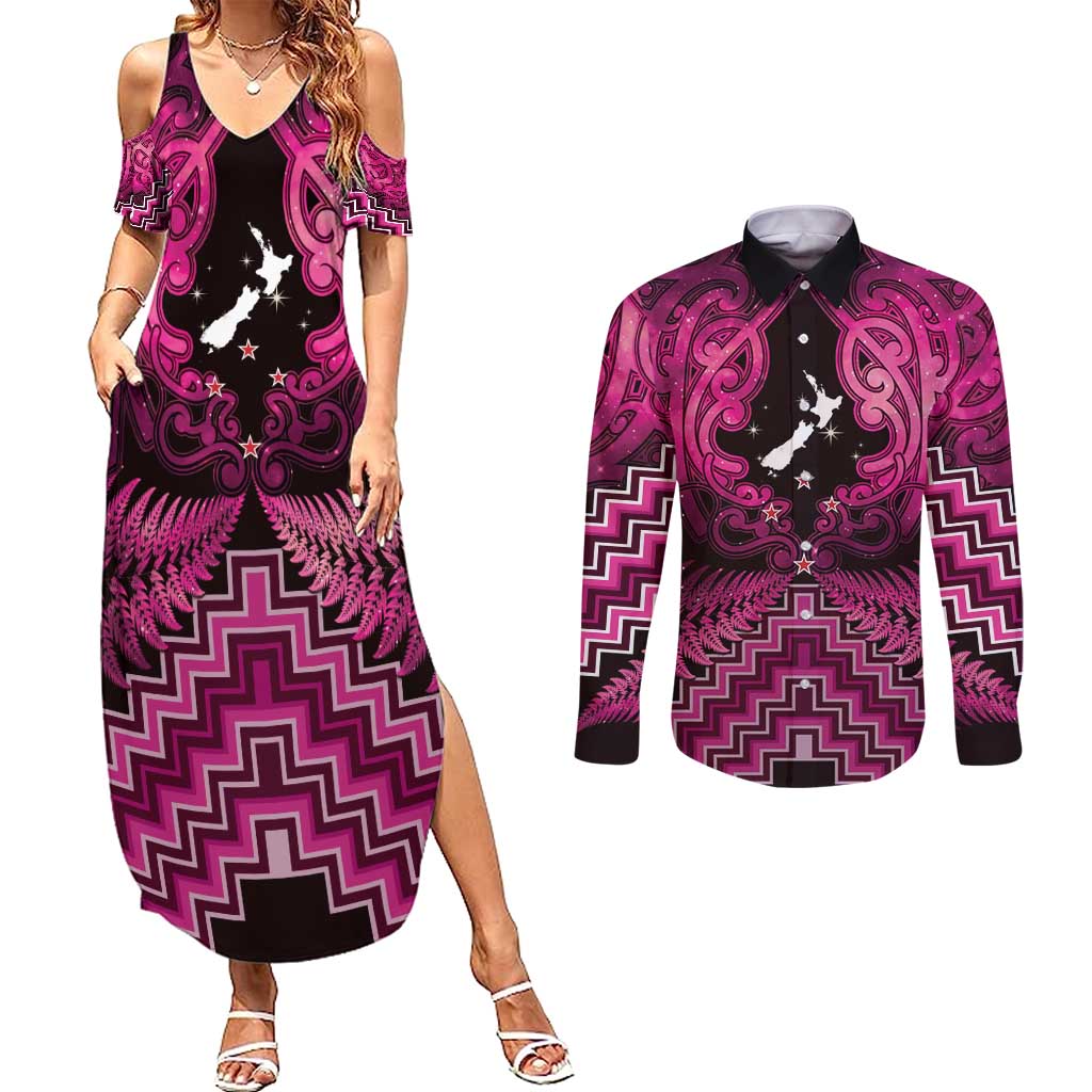 Personalised Aotearoa Matariki Couples Matching Summer Maxi Dress and Long Sleeve Button Shirt Pink Fern Maori Poutama LT01 Pink - Polynesian Pride