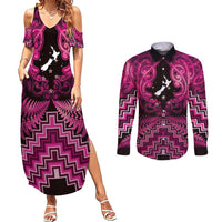 Personalised Aotearoa Matariki Couples Matching Summer Maxi Dress and Long Sleeve Button Shirt Pink Fern Maori Poutama LT01 Pink - Polynesian Pride