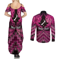 Personalised Aotearoa Matariki Couples Matching Summer Maxi Dress and Long Sleeve Button Shirt Pink Fern Maori Poutama LT01 - Polynesian Pride