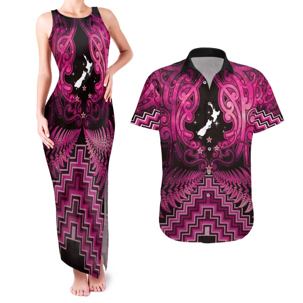 Personalised Aotearoa Matariki Couples Matching Tank Maxi Dress and Hawaiian Shirt Pink Fern Maori Poutama LT01 Pink - Polynesian Pride