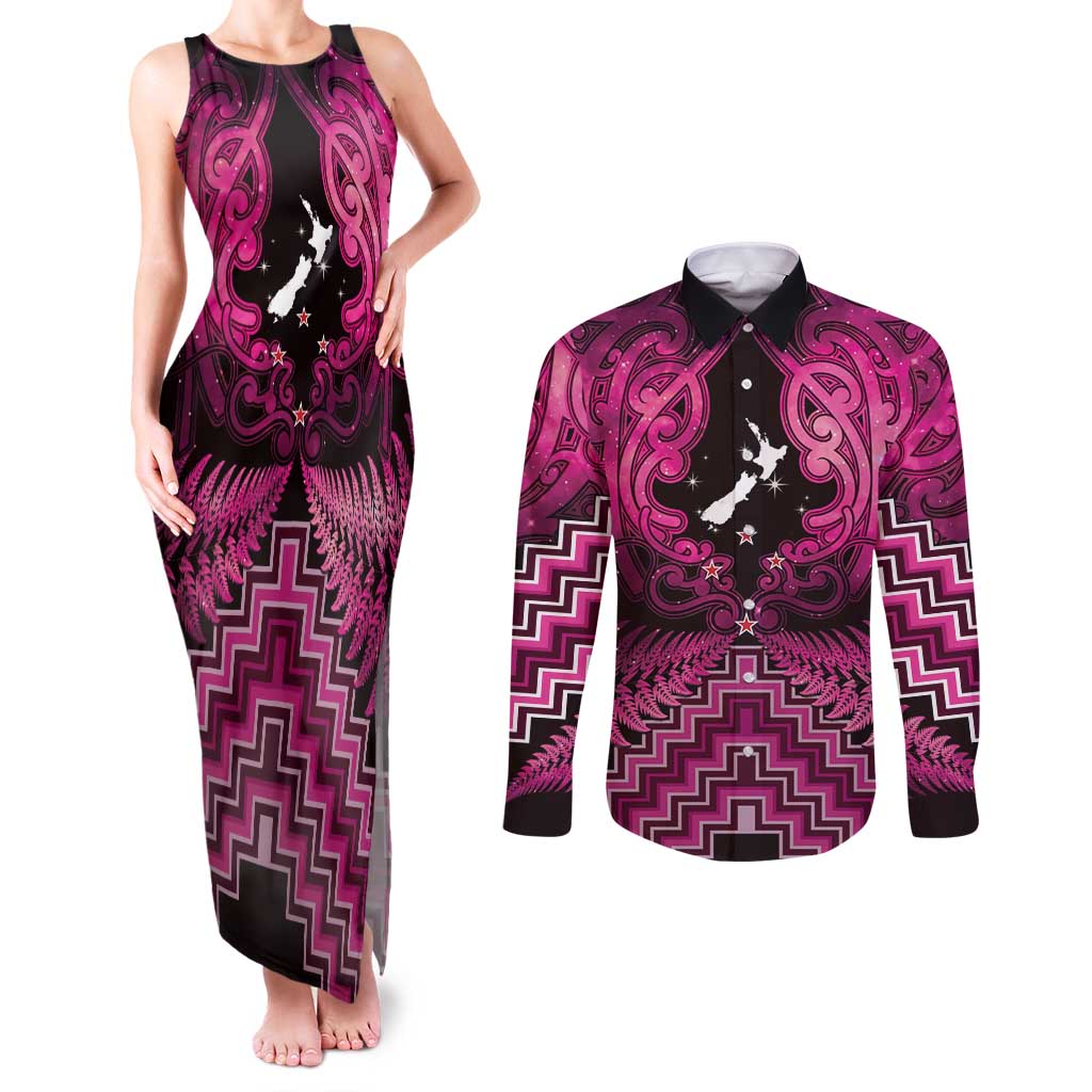 Personalised Aotearoa Matariki Couples Matching Tank Maxi Dress and Long Sleeve Button Shirt Pink Fern Maori Poutama LT01 Pink - Polynesian Pride